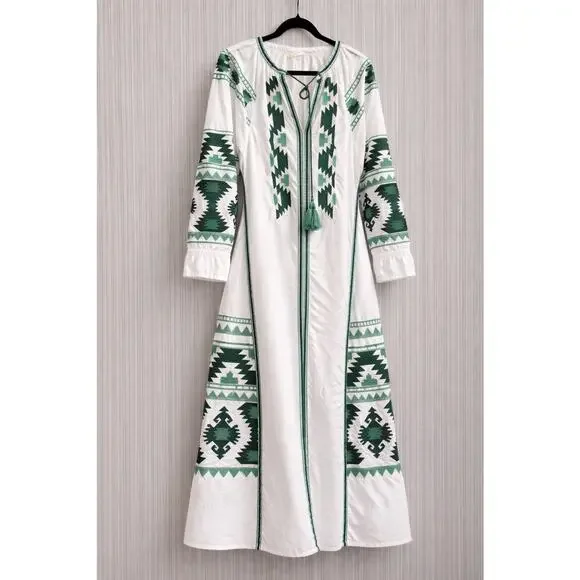 Julia Amory Coatue Caftan Dress Floral Embroidered White Green Cotton Sz XL - Picture 1 of 3